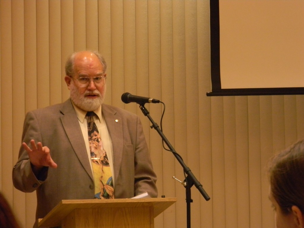 Professor Donald Williams of Taccoa Falls College, Ga., spoke to the society, reciting his poetry, talking in several languages and speaking about consuming media while remaining pure. / Photo by Daniel Jackson 