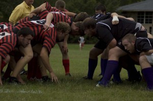 The rugby team scrums down.