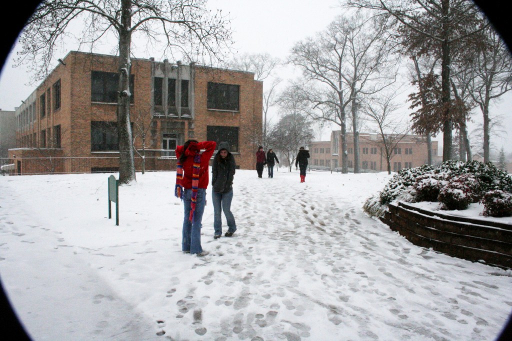 Bryan students trek across the icy campus. Triangle photo by Staff Photographer Maddie Doucet