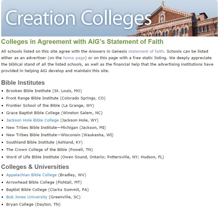Screenshot of AiG's list of creation colleges